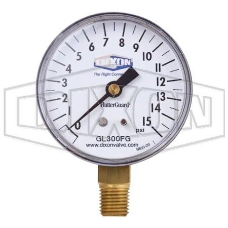 Dixon FlutterGuard Dry Gauge, 0 to 15 psi, 1/4 in Connection, 2-1/2 in Dial, +/- 3-2-3 % GL300FG