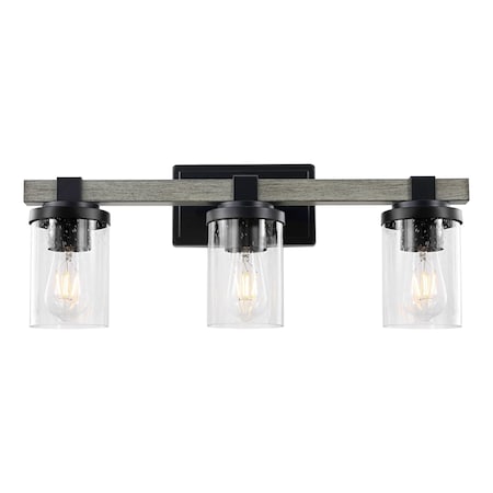 Jonathan Y Bungalow 22.75" 3-Light Iron/Seeded Glass Rustic Farmhouse LED Vanity Light, Black/Gray Oak Wood Fini JYL7509B