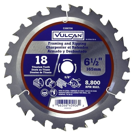 Vulcan 409061OR Circular Saw Blade, 6-1/2 in Dia, 5/8 in Arbor PTA250498/409061O