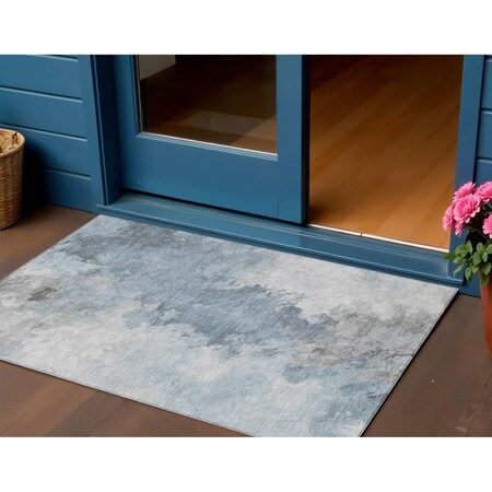 Homeroots 3' X 5' Sky Blue Gray And Ivory Abstract Washable Indoor Outdoor Area Rug 617419