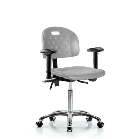 Blue Ridge Ergonomics Poly Chair Chrome - Medium Bench Height with Seat Tilt, Adjustable Arms, & Casters in Gray Poly HPMBCH-CR-T1-A1-NF-CC-GRY