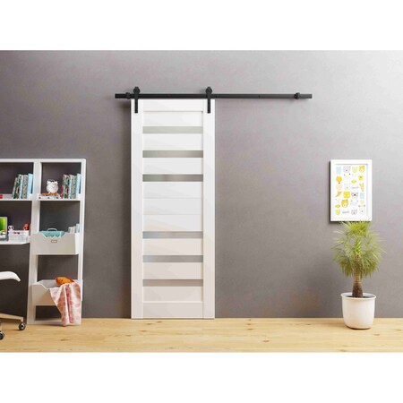 Sartodoors Slab Barn Door Panel Frosted Glass White 28x84 Solid Core Modern Interior QUADRO4266S-WS-2884