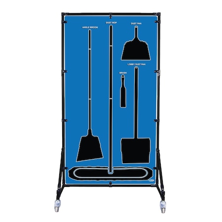 5S Supplies Housekeeping Shadow Board Broom Station V4, Blue / Black Shadows, Kit + Stand, No Text HSB-V4-BLUE-KIT-STAND- NO TEXT
