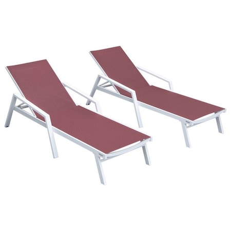 Leisuremod Marlin Patio Chaise Lounge Chair with Armrests in White Aluminum Frame, Burgundy, 2PK MLAW-77BRG2