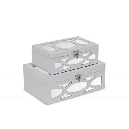 Homeroots Set of Two White Mirrored Glass And Wood Box With Lid, 2PK 399676