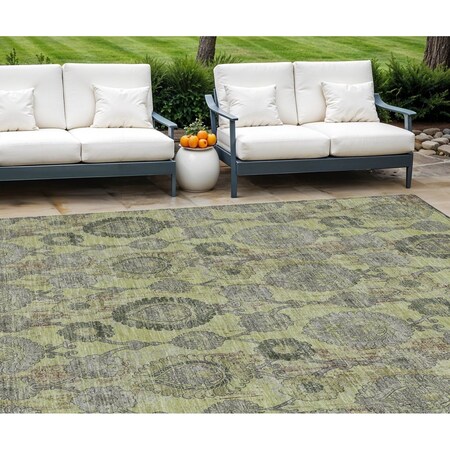 Homeroots 10' X 14' Artichoke Green And Gray Damask Washable Indoor Outdoor Area Rug 588135