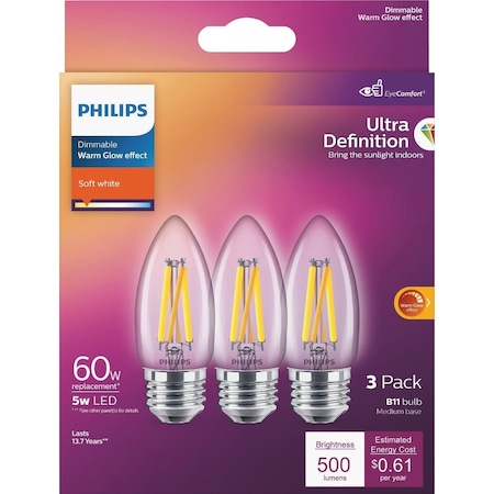 Signify Ultra Definition 60W Equivalent Soft White B11 Medium LED Decorative Light Bulb, 3PK 573378