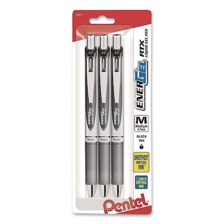 Pentel EnerGel RTX Liquid Gel Pen, Retractable. Medium 0.7 mm, Black Ink, Black/Gray Barrel, 3PK BL77BP3A