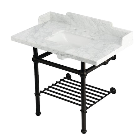 Kingston Brass 36-Inch Carrara Marble Console Sink with Brass Legs and Shelf, 8-Inch, 3-Hole LMS3630MBSQB5