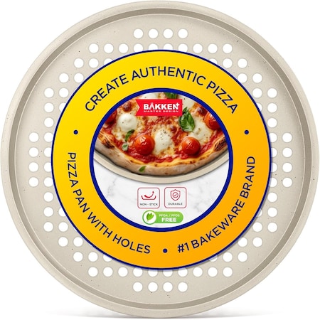 Bakken- Swiss BAKKEN Pizza Pan, Round Perforated, Nonstick Marble Coating, Dishwasher Safe, White BAKPIZWHT56