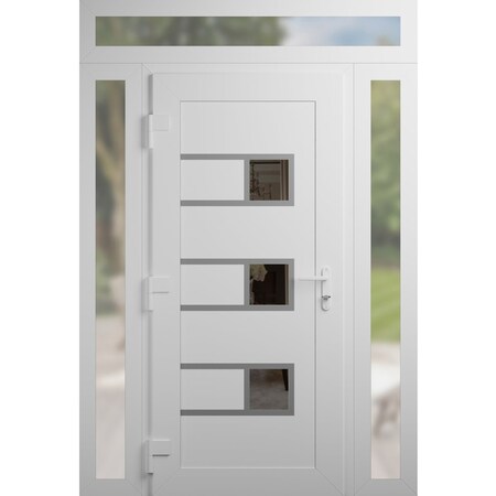 Vdomdoors Front Exterior Prehung Metal-Plastic Door, Manux 8933 White Silk, 2 Side and Top Sidelite Transom, MANUX8933EXD-WS-W16+32+16xH80+14-RH