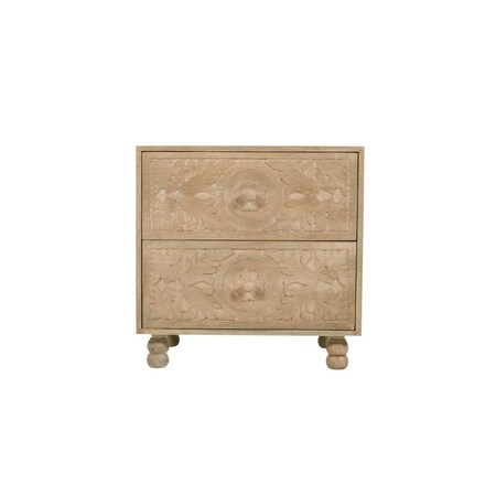 Homeroots 24" Beige Solid Wood Distressed Carved Scrollwork Two Drawer Nightstand 555404