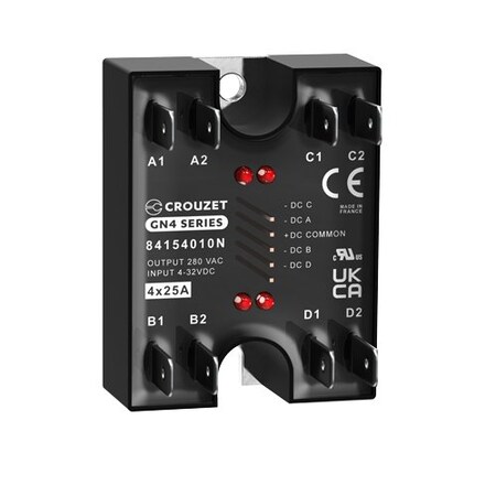 Crouzet SSR, GN4, 4-Channel, Panel Mount, 25A, IN 4-32 VDC, OUT 280 VAC, Zero Cross, 5PK 84154010N