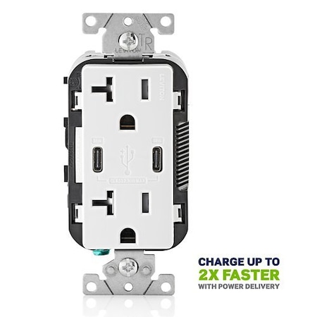 Leviton Duplex Outlet, USB C, White 20A, 125V T5835-W