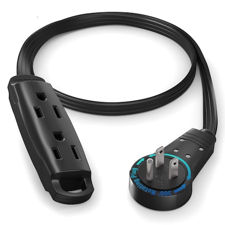 Maximm 1ft 16AWG 3-Outlet 360 degrees Flat Plug Extension Cord, Grounded UL, Black ADW-360-C101-B