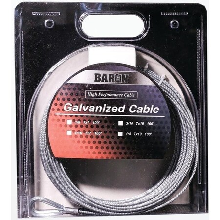 Baron BARON 0 7005/50070 Aircraft Cable, 740 lb Working Load Limit, 50 ft L, 3/16 in Dia, Galvanized Steel 0 7005/50070