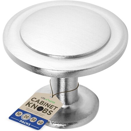 Lifemaster 1-1/4in Brushed Nickel Cabinet Knobs, Rust-Proof Zinc Alloy, Adjustable Screws, 20PK LMKNBNICK20