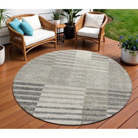 Homeroots 8' Beige Ivory And Taupe Round Striped Washable Indoor Outdoor Area Rug 613153