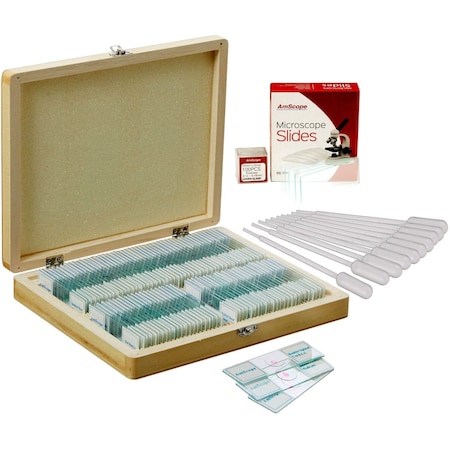 Amscope 100 Biology Prepared Microscope Slides - SET E, Blank Slide Coverslip Set and Pipettes PS100E-72P100S22-50PP