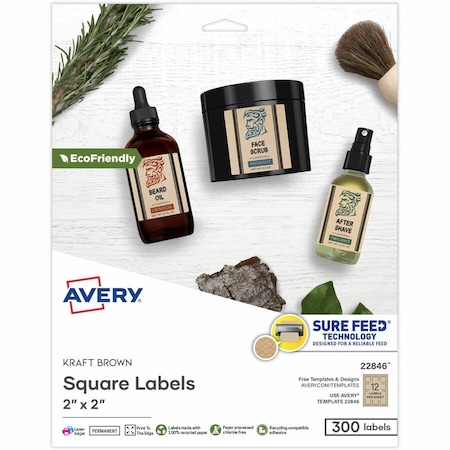 Avery Square Print-To-The-Edge Labels, Inkjet/laser Printers, 2 X 2, Kraft Brown, 25PK 22846