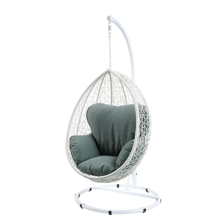 Homeroots 38" White Metal Swing Chair With Green Cushion 318801