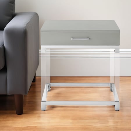 Homeroots 24" Light Gray Clear And Silver Wood Acrylic And Stainless Steel Square Frame End Table With Drawer 544060