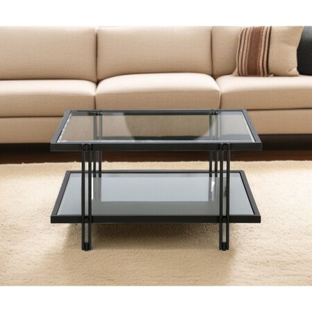 Homeroots 32" Clear And Black Glass And Steel Square Coffee Table With Shelf 520982