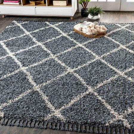 Jonathan Y Mercer Shag Plush Tassel Moroccan Geometric Trellis Denim Blue/Cream 3 ft. x 5 ft. Area Rug MCR104A-3