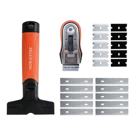 Powertec Razor Blade Scraper Tool Set with 20 Blades - 3.5in & 1.5in Scrapers for Removing Decals, Stickers 72066N