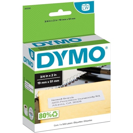Dymo Printer Label, 3/4 in Label W, 2 in Label H, 500 Labels per Roll, Black on White 30330