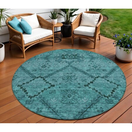 Homeroots 8' Teal Blue And Aqua Round Floral Washable Indoor Outdoor Area Rug 588914