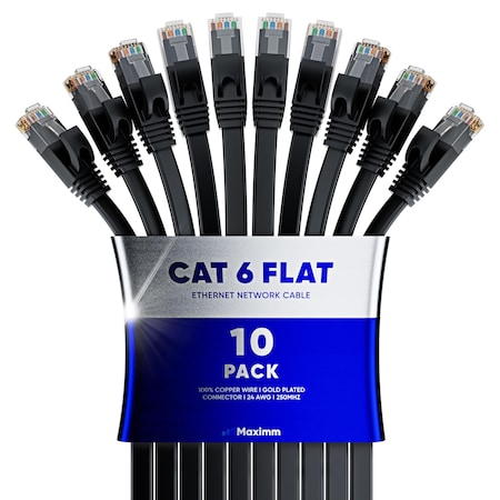 Maximm Cat6 Flat Ethernet Cable 25ft, 10PK, Black, 10PK CAT6FLAT-25BK-10PK
