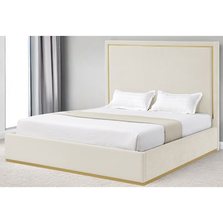 Homeroots Beige Solid Wood Queen Upholstered Velvet Bed 544795