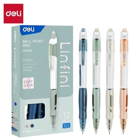 Deli Arris Retractable Ballpoint 0.7mm, Assorted Ink, Soft Grip, 12PK EQ18-BL