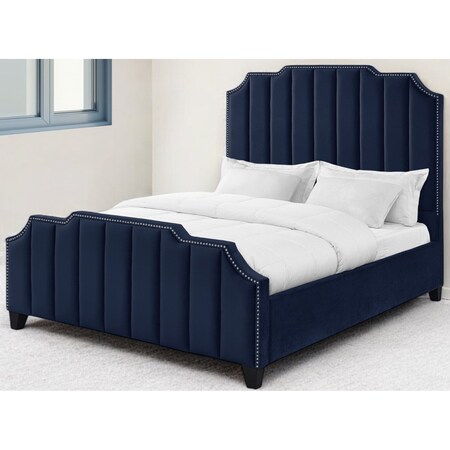 Homeroots Navy Blue Solid Wood King Tufted Upholstered Velvet Bed with Nailhead Trim 544921