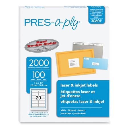Pres-A-Ply Labels, Laser Printers, 1 x 4, White, 2000PK 30601