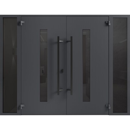 Vdomdoors Front Exterior Prehung Aluminum Double Doors Ronex0130 Grey Mirrored Clear Glass 2 Sidelights Entry RONEX0130DEXD-GRE-W16+72+16xH96-LH-O