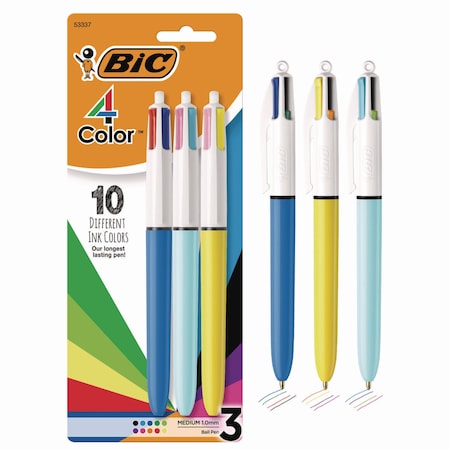 Bic Four-Color Multi-Color Ballpoint Pen, Retractable, Medium 1 mm, Assorted Ink and Barrel Colors, 3PK MMXP31-AST