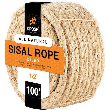 Xpose Safety Sisal Rope, 1/2 In Thick Rope, Heavy Duty Durable Natural Fiber Rope 1/2 x 100Ft SR12-100-X