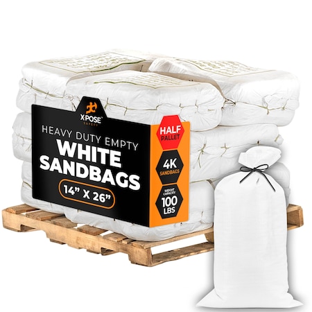 Xpose Safety White Sand Bags - 14inx26in, 100 lb, Half Pallet of 4,000 SBW-HVY-1426-HP4000-X