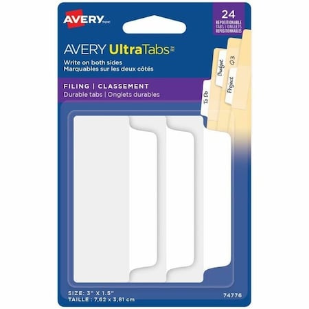 Avery Dennison Avery Ultra Tabs Repositionable Tabs, 3in x 1-1/2in, White, 24/Pack 74776