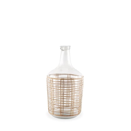 Homeroots 15" Clear And Natural Glass Round Floor Vase With Wrapped Rattan 608577