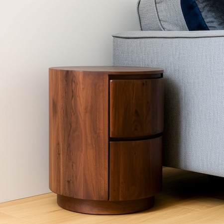 Homeroots 24" Chestnut Solid Wood Round Drum End Table With Two Drawers 632715