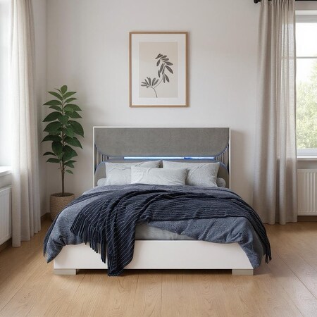 Homeroots White and Gray Wood And Upholstery Lighted King Bed Frame 634348