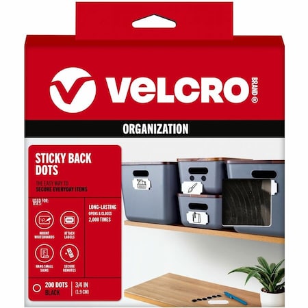 Velcro Brand Velcro, STICKY-BACK FASTENERS, REMOVABLE ADHESIVE, 0.75in DIA, BLACK, 200PK 91823