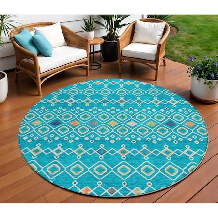 Homeroots 8' Teal Blue Ivory And Gold Round Geometric Washable Indoor Outdoor Area Rug 612222