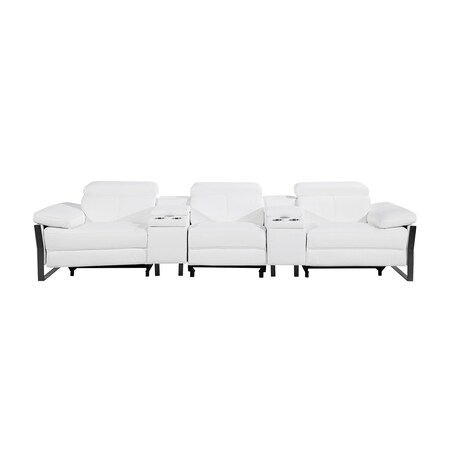 Homeroots 129" White Top Grain Leather Reclining Metal USB Sofa 720344