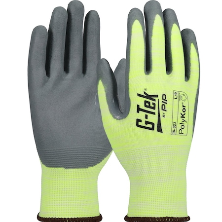 G-Tek Economy Hi-Vis Seamless Knit A2 PolyKor Blended Glove w/Foam Nitrile Coated Grip on Palm&Fing, 12PK 16-323/M