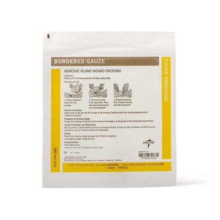 Medline Sterile Bordered Gauze Adhesive Island Wound Dressing, 6in x 6in with 4in x 4in Pad MSC3266H