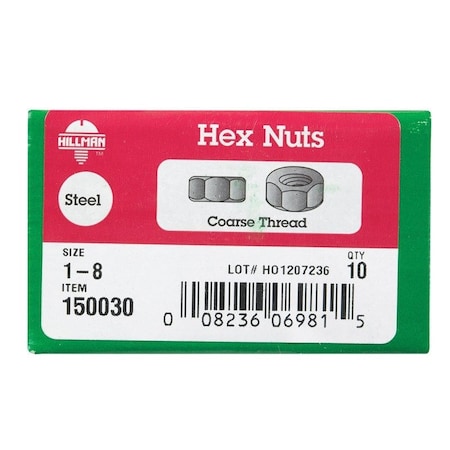 Hillman 1 in. Zinc-Plated Steel USS Hex Nut, 10PK 150030